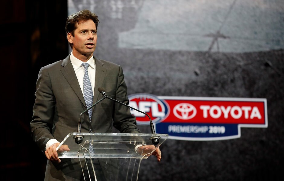 AFL 2019 Media - AFL Season Launch MELBOURNE, AUSTRALIA - MARCH 14: Gillon McLachlan, Chief Executive Officer of the AFL addresses the gathering during the 2019 Toyota AFL Premiership Season Launch at Melbourne Town Hall on March 14, 2018 in Melbourne, Australia. (Photo by Michael Willson/AFL Media)